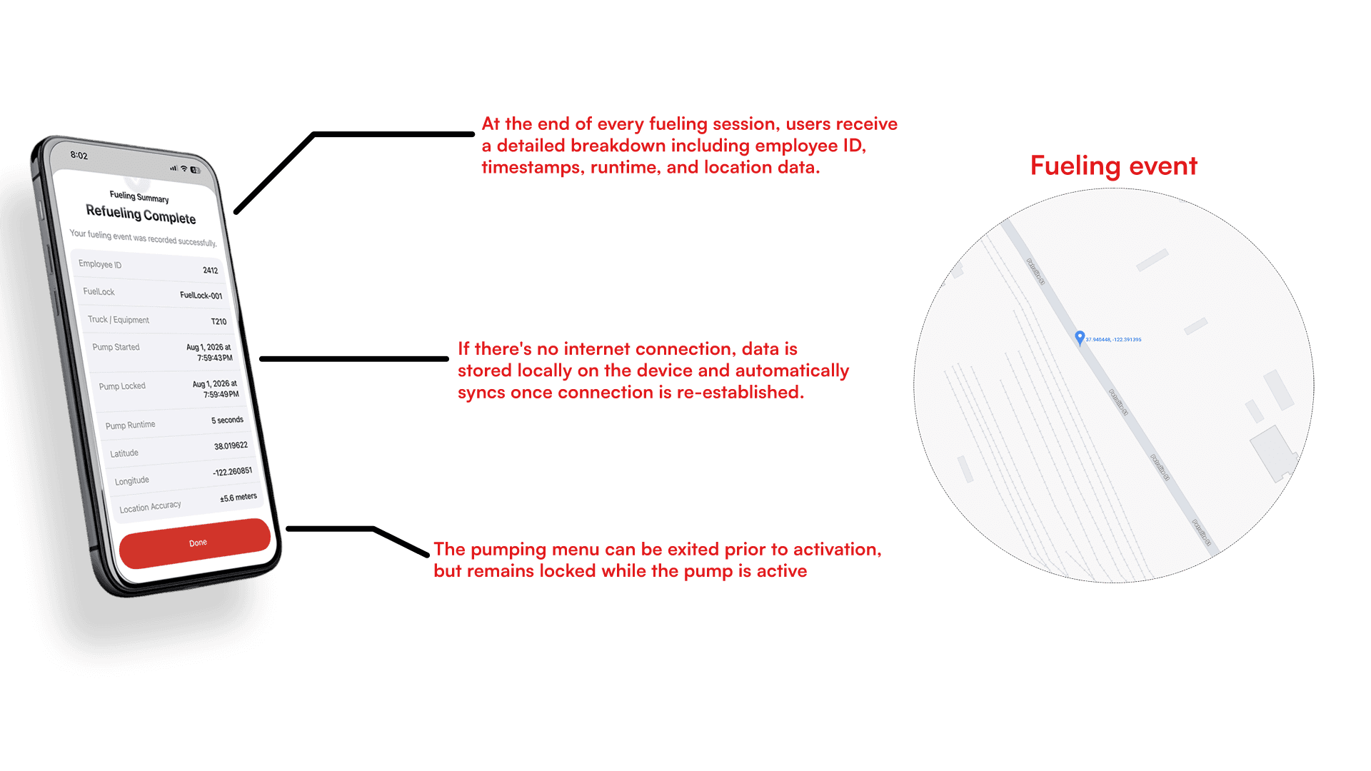 FuelWhere fueling record showing operator, equipment, time, runtime, and location information