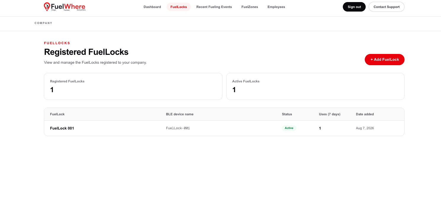 FuelWhere portal showing registered and active FuelLocks
