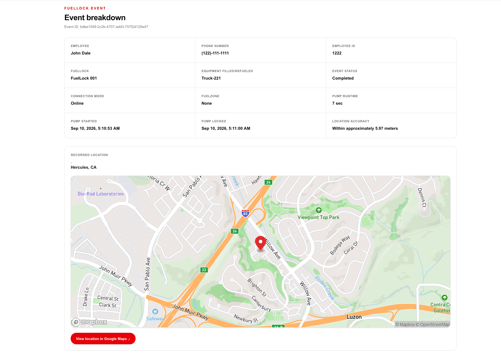 FuelWhere FuelZone management screen showing an authorized geofence